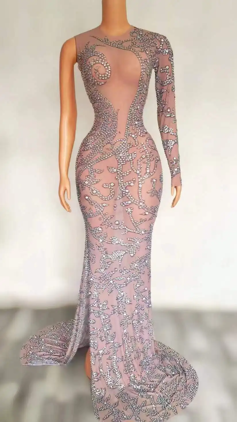 Vestido de tren largo con diamantes de imitación plateados, ropa de escenario elástica para cantante de cumpleaños y noche, Sexy, novedad