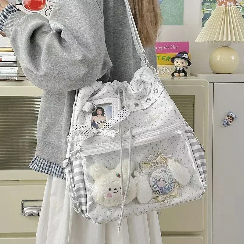 Harajuku Ita Bag,Polka Dot Drawstring Backpack,DIY Transparent Layer Shoulder Tote,Cute Anime Crossbody Purse for Daily Commute view 5