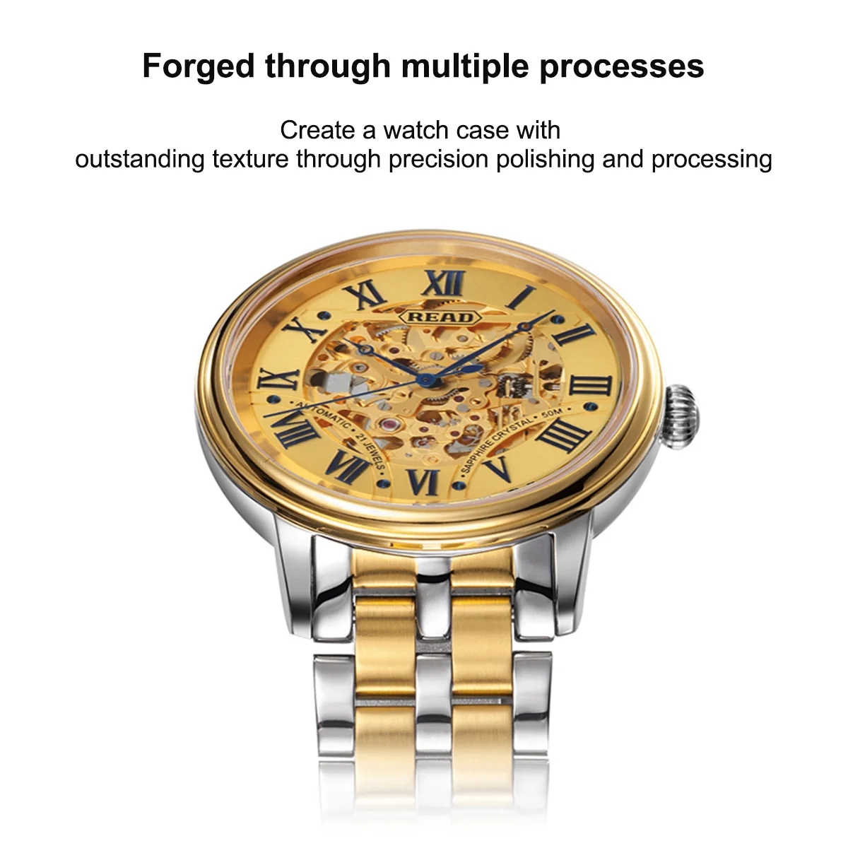 READ Men Automatic Watch | Two‑Tone Steel Band | Skeleton Roman Dial | Sapphire Glass | 50M Water Resistant
