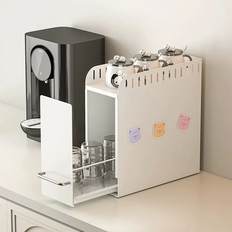 Kitchen pull-out water cup storage box, dustproof countertop narrow spice bottle and jar storage rack, insulated cup and tea