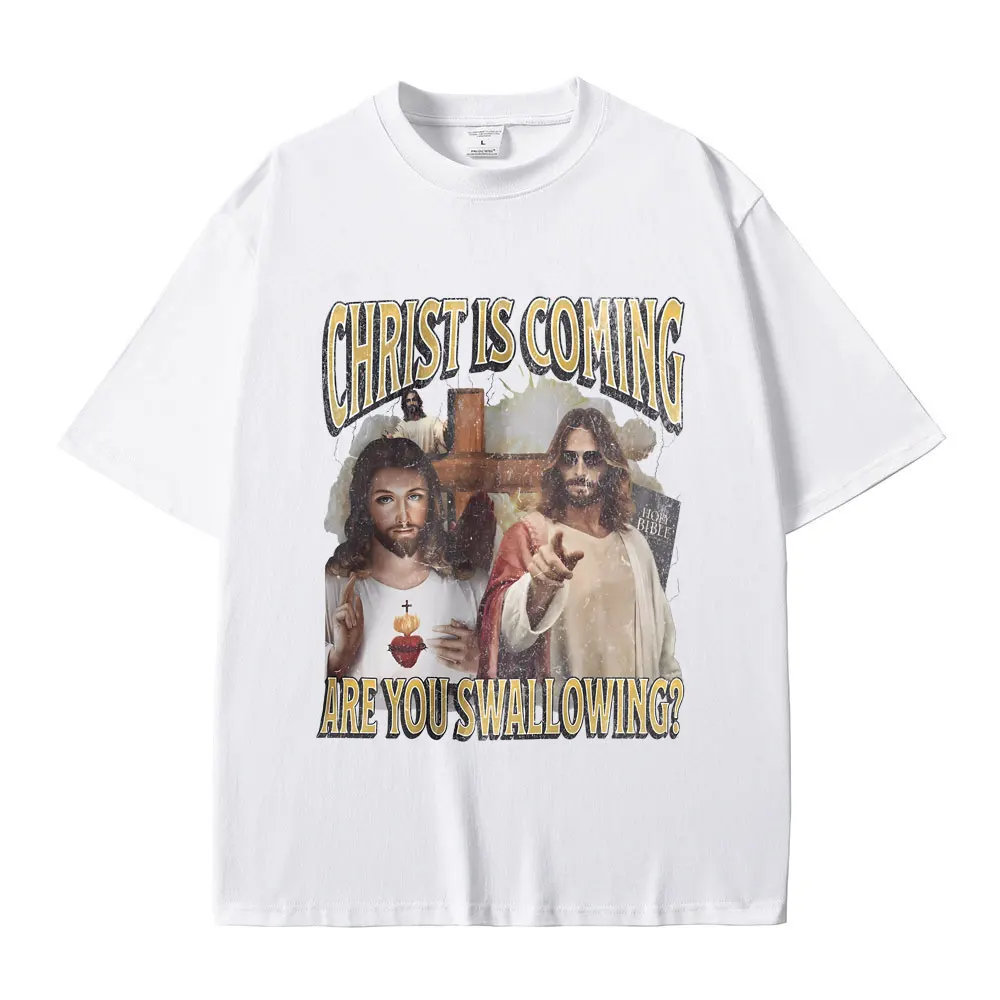 المسيح قادم هل أنت نبتلع تي شيرت مضحك يسوع الجرافيك تي شيرت مطبوع الذكور موضة المتضخم التي شيرت الرجال عادية تيز #6