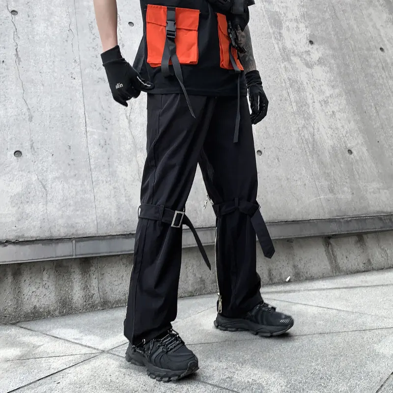 Dark Style Black Bootcut Trousers Men's Zipper Design Loose Trendy Deconstructed Casual Pants Straight Sense