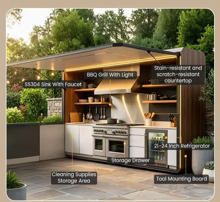 Customizable modern premium stainless steel outdoor kitchen with a luxurious full island, sink, and barbecue function.