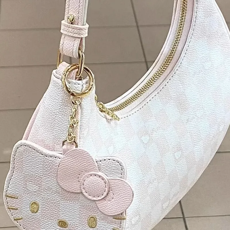 Miniso-Hellokitty Bolsa de Ombro Xadrez para Mulheres, Bolsa Rosa, Meia Lua, Bolsa de axilas, Kawaii, Kitty Pendant, Harajuku, Y2k