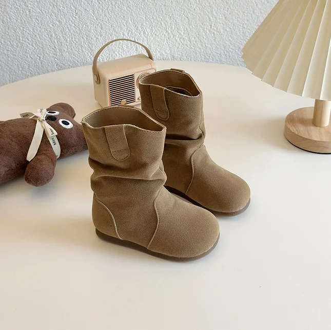 Winter Girl's Boots Suede Khaki Camel Slip-on Flexiable Classic Kids Boots Plush Warm Light Trendy Daily Comfy Children Shoes