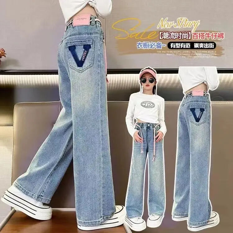 

Spring High Waist Straight Trousers for Kids Teenagers Korean Style Children Embroidery Jeans for Girls Denim Pants for Girls