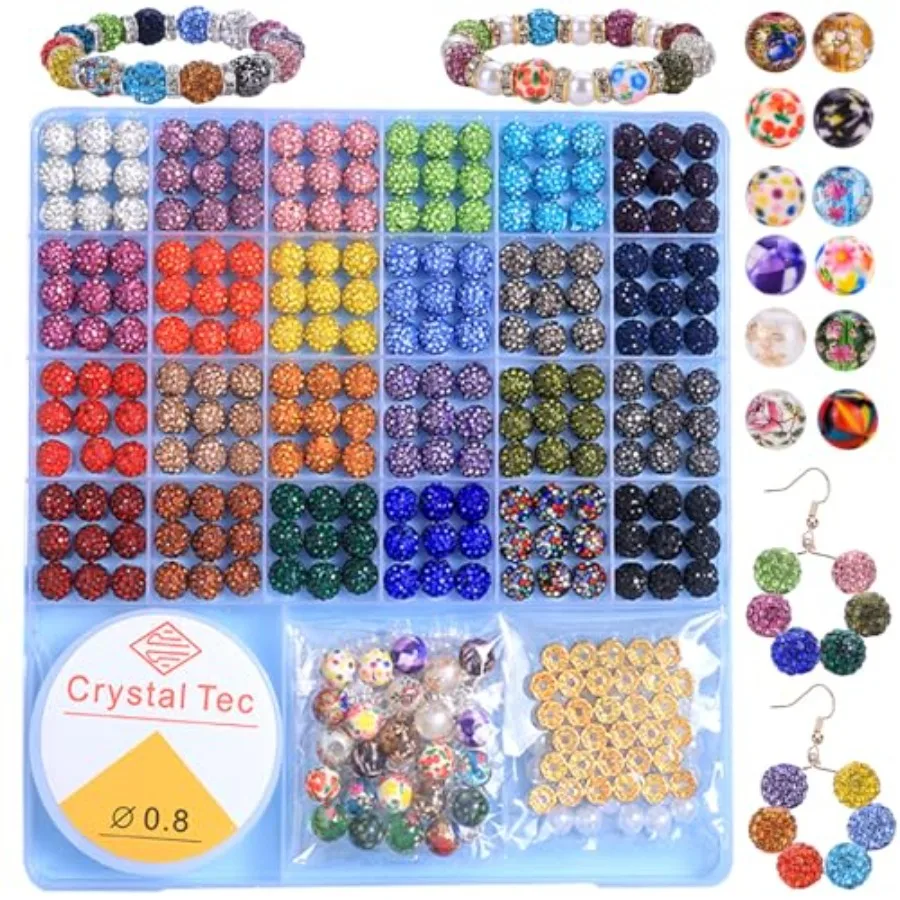 

Jewelry Making Beads Set, 590 PCS 10mm Round Mixed Color Rhinestone Clay Beads with Pearl and Floral Beads for DIY Bracelets, N
