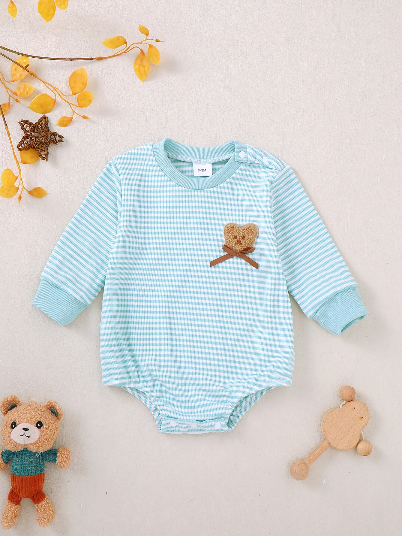 Baby Boy Spring Autumn Long Sleeve Striped Bear Pattern Romper Triangle Design Infant Clothing