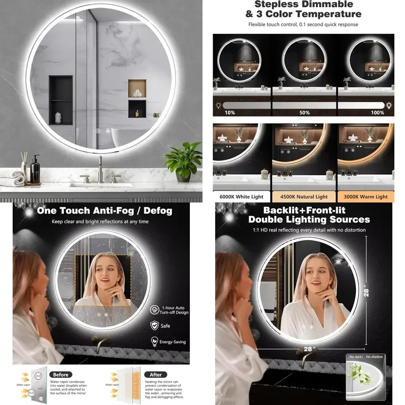 28 LED Makeup Mirror Modern Design IP65 Wall Mounted Dimmable Backlight Front Lighting HD Tempered Glass 5 Years Warranty
