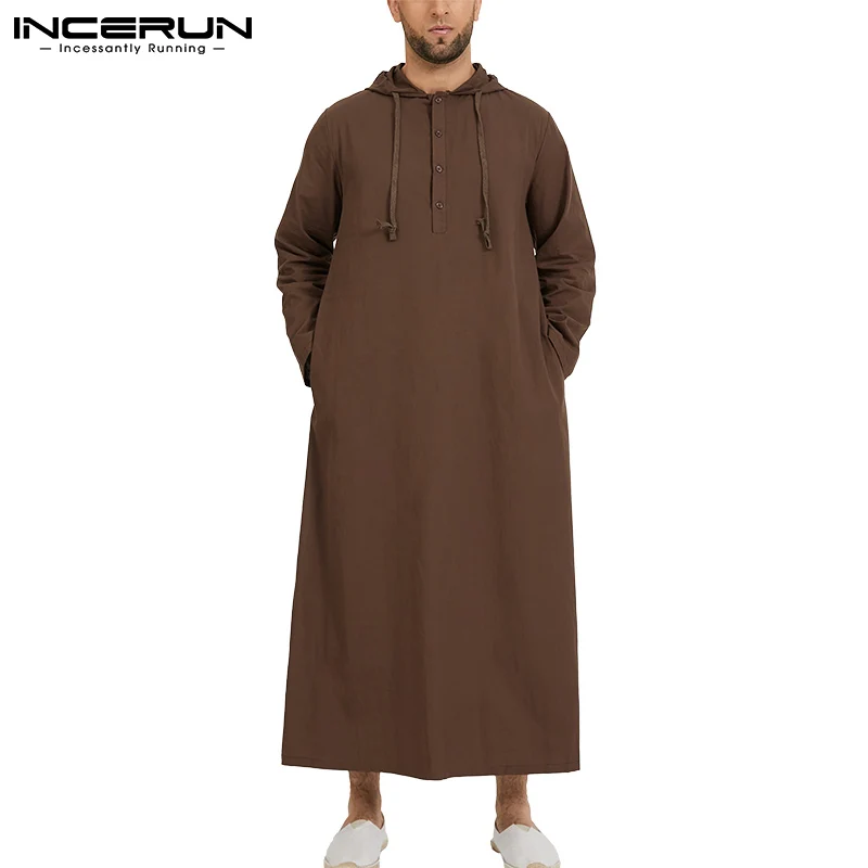 

2024 Men Muslim Robe Hoodies Kaftan Saudi Arabic Caftan Long Sleeve Arabic Islamic Jubba Thobe Casual Man Clothing S-5XL INCERUN