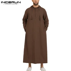 INCERUN-Robe musulmane à manches longues pour hommes, Kaftan saoudien, Arabe, Islamique, Jubba, Thobe, Vêtements décontractés pour hommes, Sweats à capuche S-5XL 2024