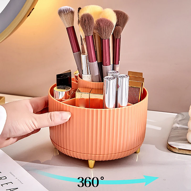 360° Rotating Makeup Organizer - 1pc Plastic Cosmetic Storage With 5 Compartments - Multi-Functional Holder For Brushes