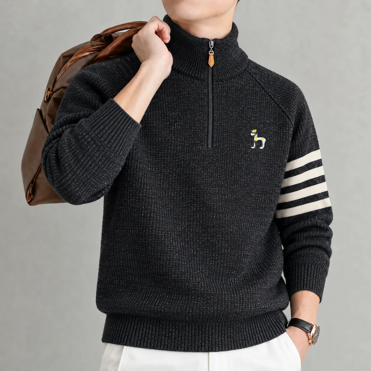 Designer's New Striped Sweater Winter Thicken Velvet Warm Zipper Semi High Neck Men's Casual Brand Dog Embroidery Knit Pullover