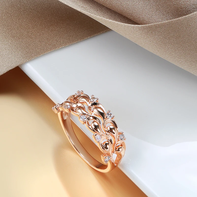 SYOUJYO Romantic Luxury Crystal Flower Rings Natural Zircon Top Quality 585 Rose Gold Color Ring for Women Bride Wedding Jewelry