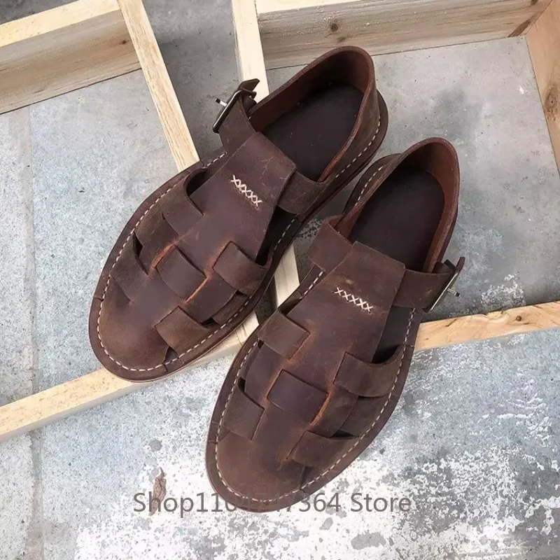 Handmade Sewing Men's Shoes Genuine Leather Roman Sandals Retro Casual Breathable Cowhide Outdoor Beach Summer Shoes Male