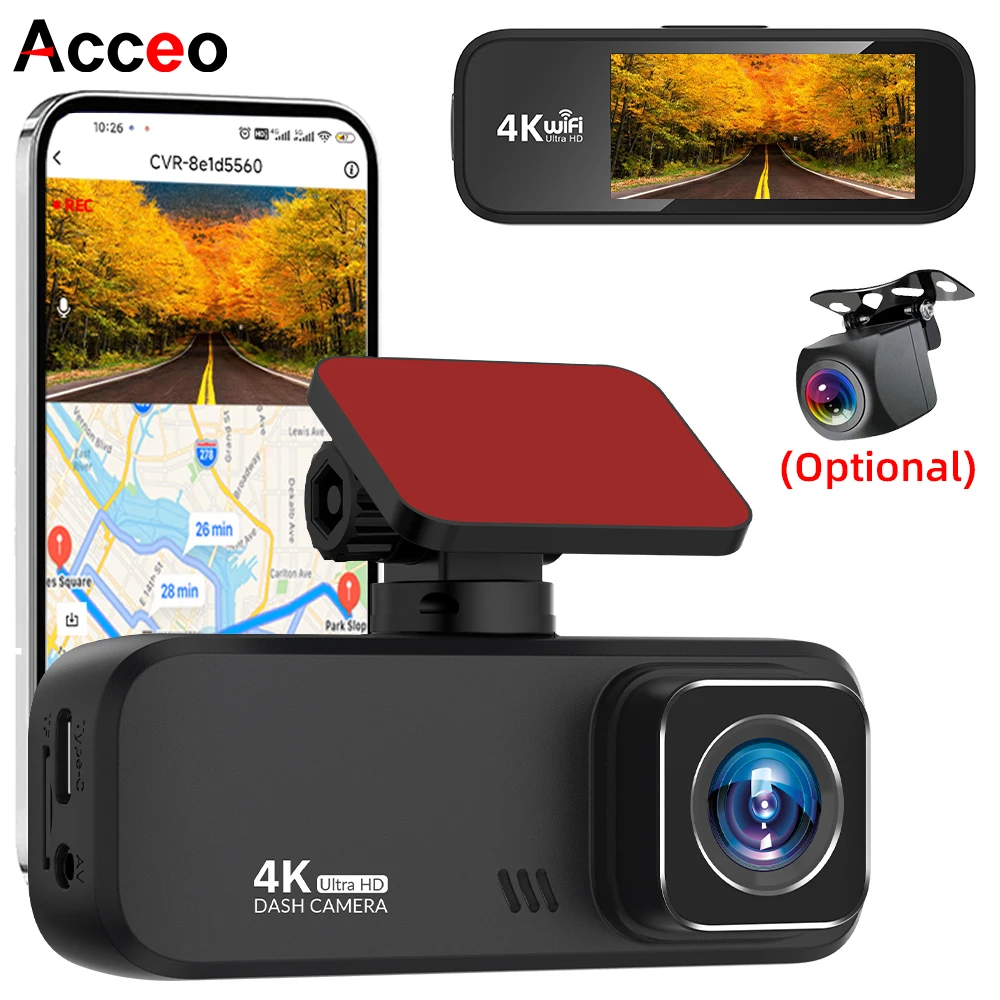 

Видеорегистратор Acceo 4K с Wi-Fi, управлением через приложение, поддержкой камеры заднего вида 1080P, двумя объективами, ночным видением и записью 24/7 для парковки