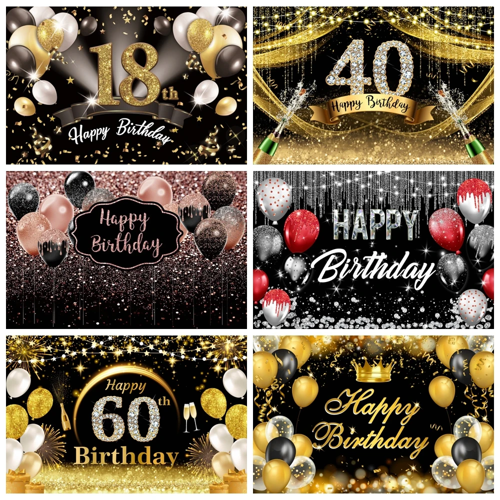 

Adult Happy Birthday Backdrop Glitter Gold Black Balloons Flowers Baby Birthday Party Decor Photography Background Photo Studio