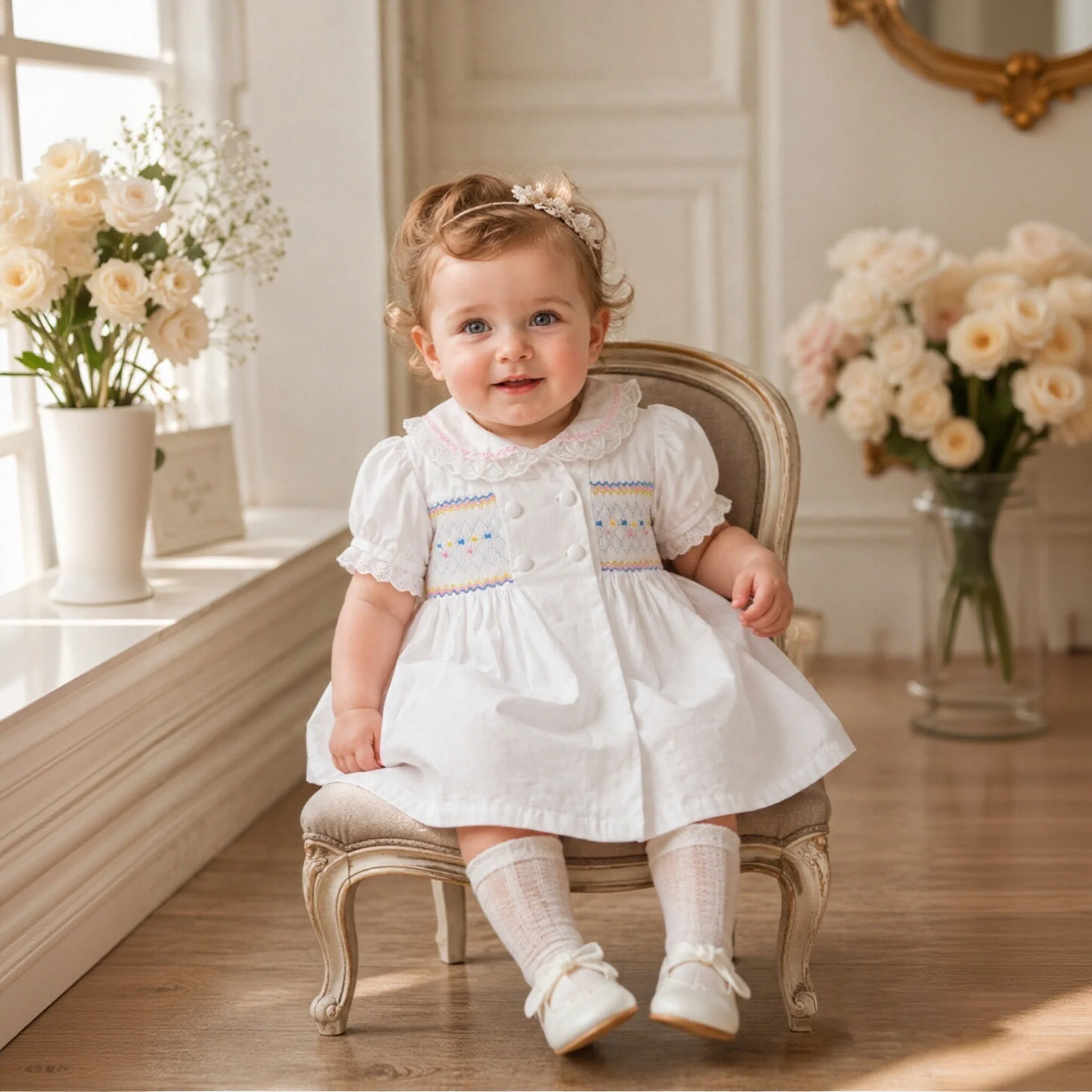 Handgefertigtes, smokiertes Babykleid im spanischen Vintage-Stil, Boutique-Kleid für Kleinkinder, weißes Taufkleid mit Peter-Pan-Kragen und Schleife, Bloomer-Set – Detail 6