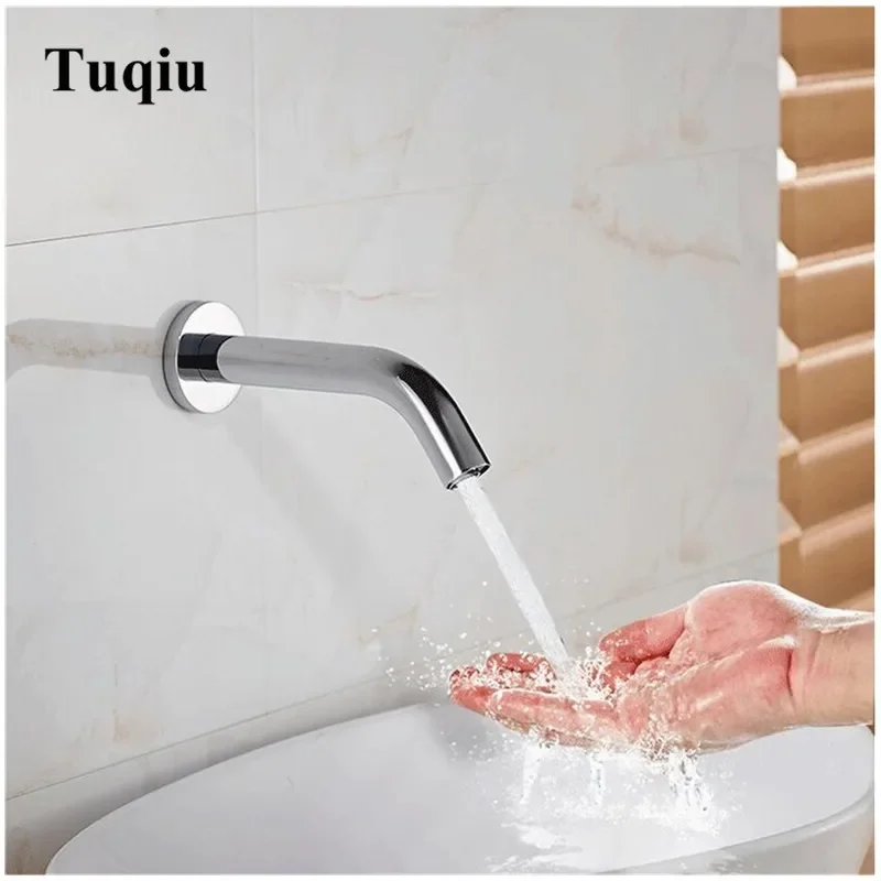 Contemporary Bathroom Chrome Sensor Tap Automatic Water Faucet Washer Wall Mount Bathroom Mixer Tap Chrome Brass