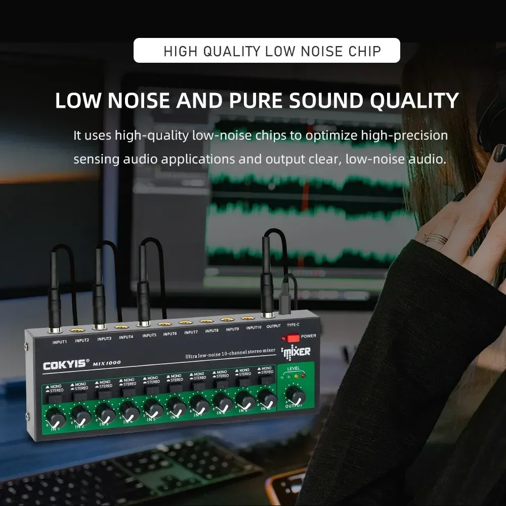 10 Channel Audio Mixer Mini Low Noise Stereo Mono Line Mixer Professional DC5V Audio Processor for Guitar Bass Keyboard Stage