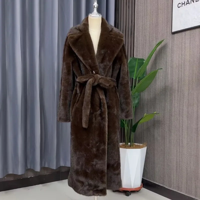 

Imitation Mink Coat Long Fur Integrated Imitation Fur Coat Women's Long Women Stand Collar Sashes