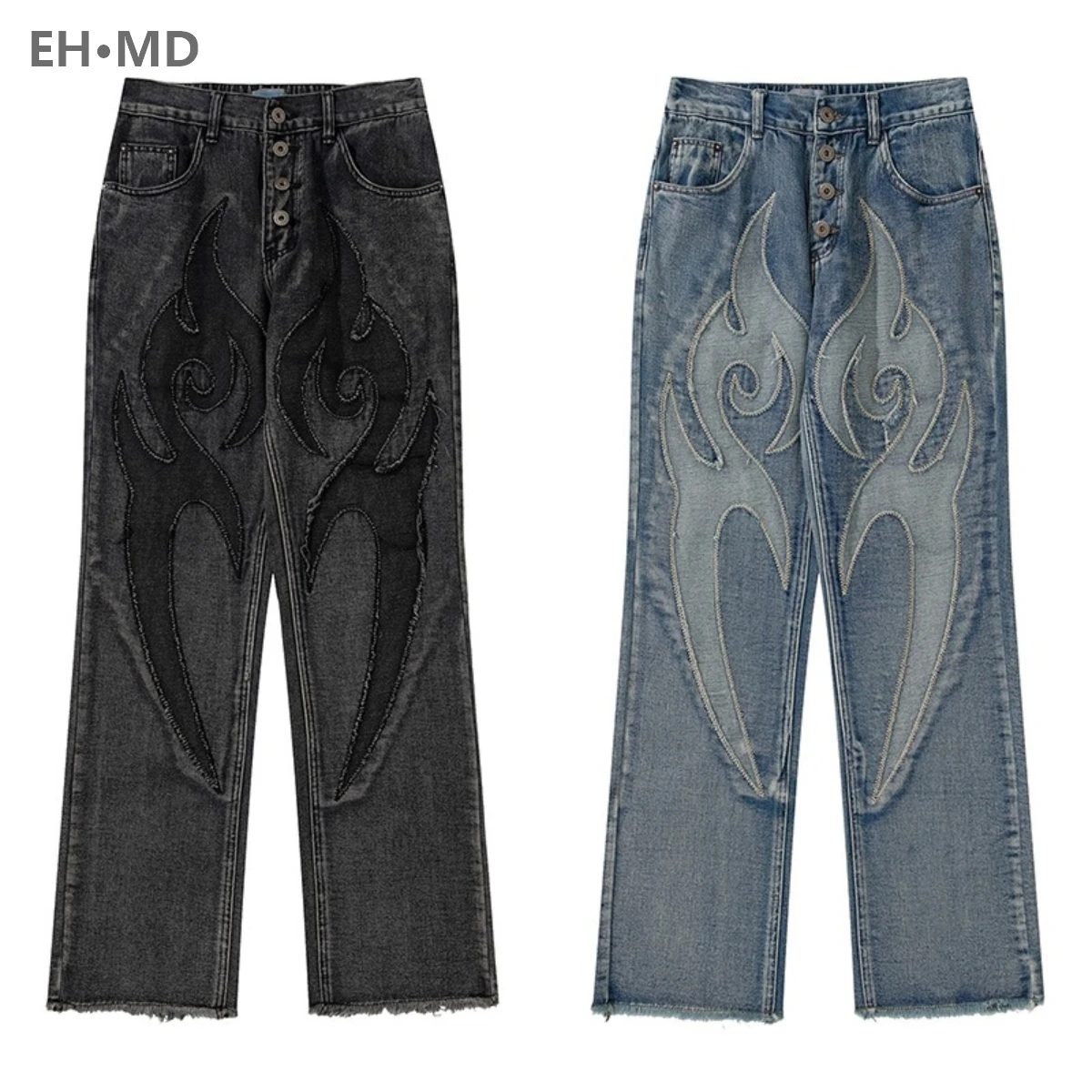 High Street American Jeans Men's Splice Patch Embroidery Wash Long Pants Loose Straight Sleeve Ragged Edge High Elastic Flame 24