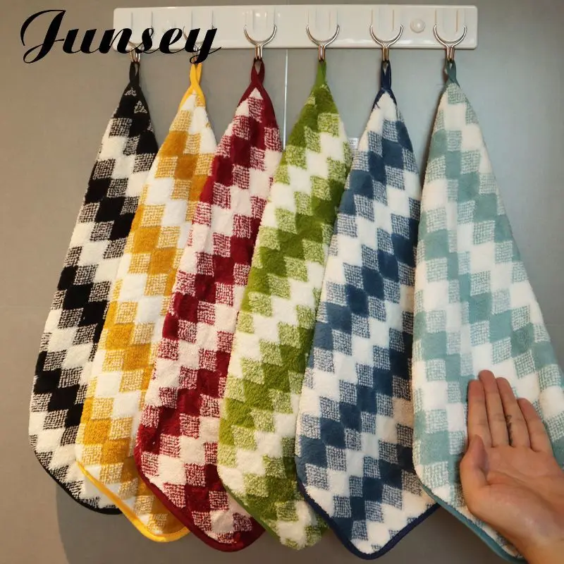 6 Pcs Checkered Hand Towels Soft Coral Fleece Absorbent Quick Dry Hanging Washcloths for Bathroom Kitchen Household Daily Use