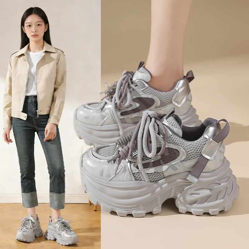 New 2026 Summer Women High Platform Shoes 9CM Comfortable Chunky Sneakers Breathable Leather Wedges Casual Sport Dad Shoes Woman