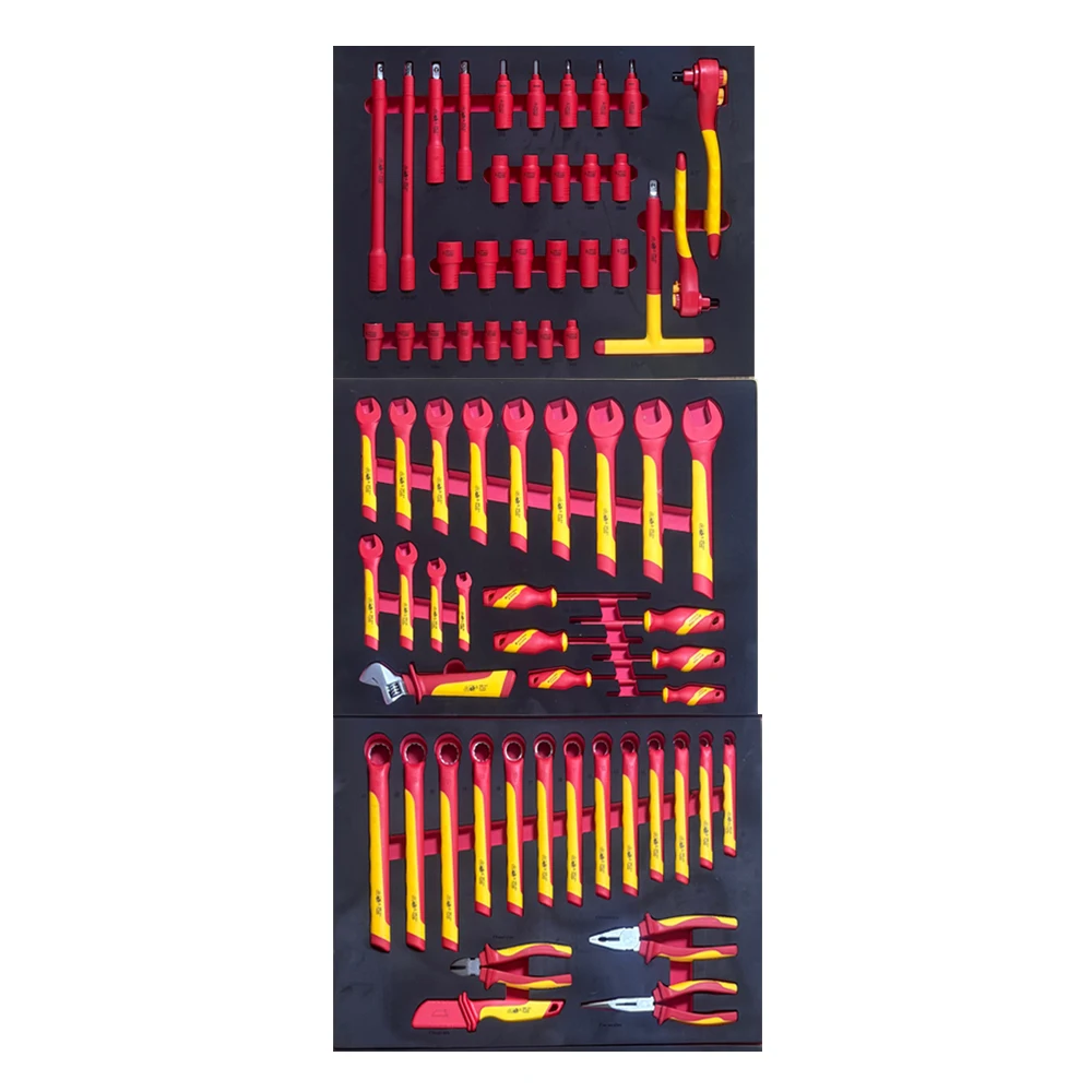 VDE certified 68-piece insulated hand tools, safe ratchet socket & ring wrenches with combination pliers for EV repair work