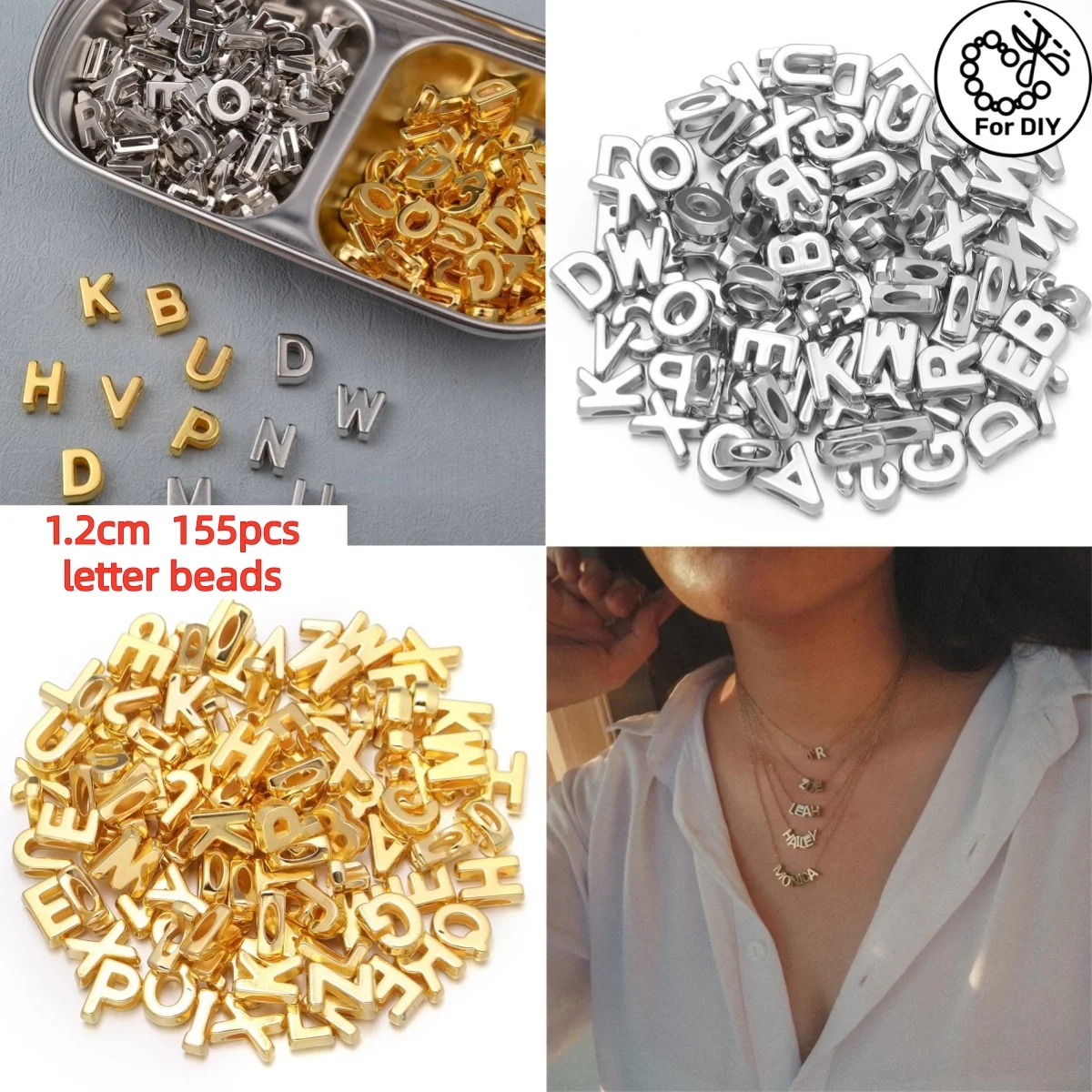 1,2 cm 155 Stück goldene und silberne Buchstabenperlen. Wird zur Herstellung von Schmuckaccessoires wie Armbändern, Halsketten, Anhängern, Ohrringen usw. verwendet.
