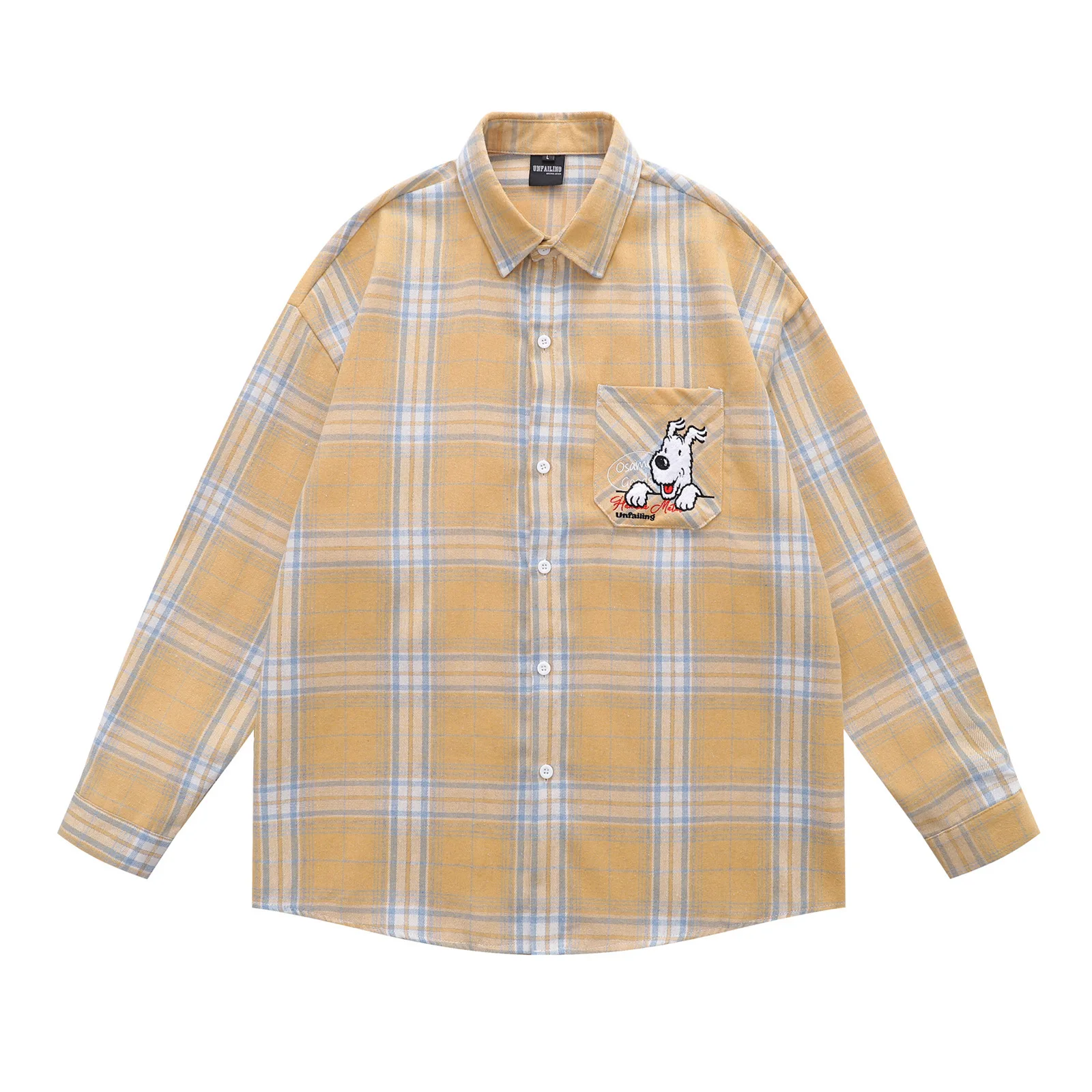 American Style Men's Dog Embroidery Plaid Long Sleeve Shirt Unisex Streetwear Autumn Loose Casual Versatile Couple Shirt Jackets