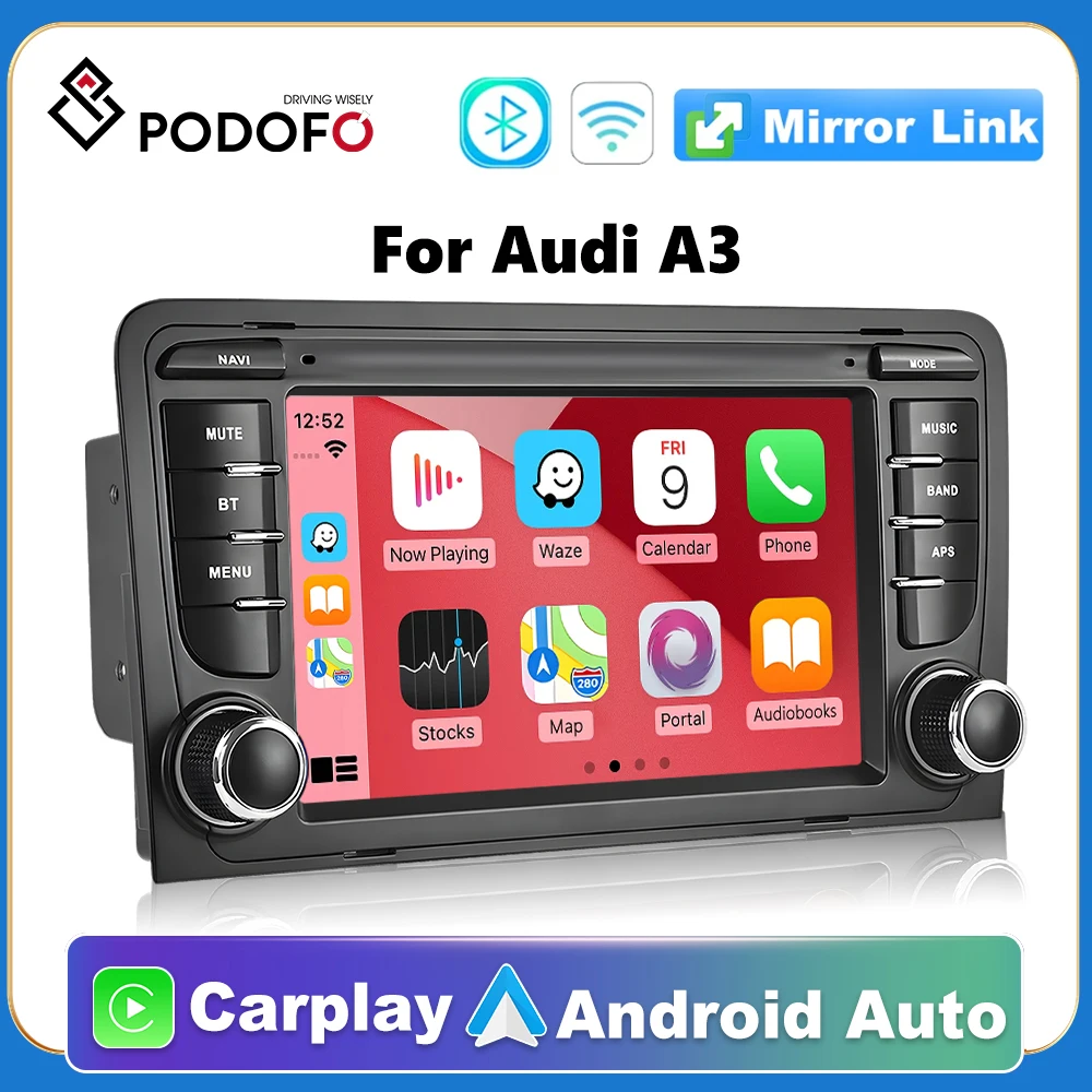 Podofo Android Car Radio Stereo Carplay GPS Navigation BT USB Player For Audi A3 8P S3 8P RS3 Sportback 2 Din Universal Audio