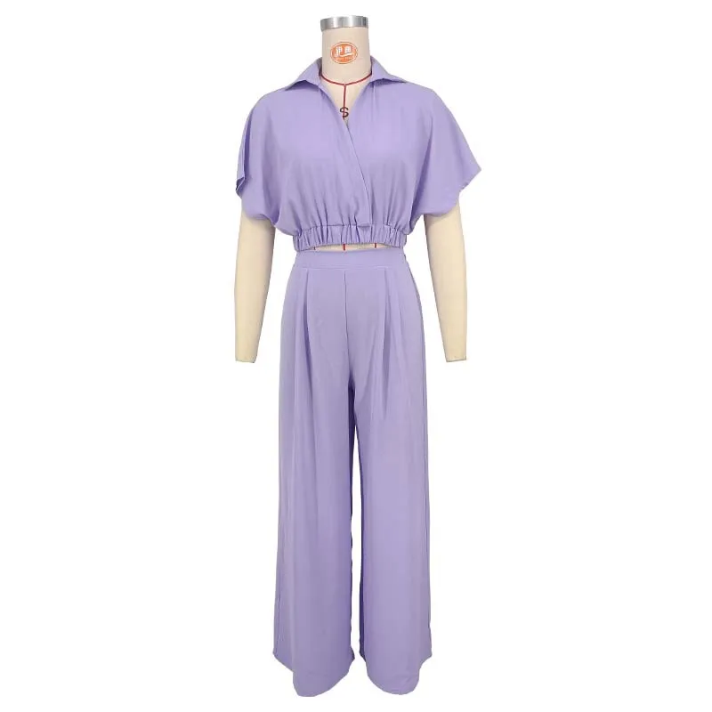 ชุดสูทลำลองแฟชั่นผู้หญิงสองชิ้น สีพื้น ปกเสื้อคอวี แขนทรงค้างคาว กางเกงขายาวทรงกว้าง ฤดูร้อน 2025