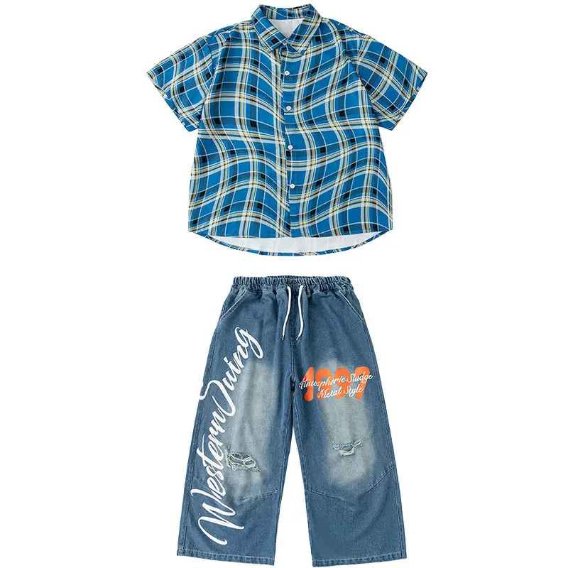 Meninos trajes de dança hip hop azul xadrez camisa calças jeans moderno jazz kpop palco desempenho conjuntos roupas adolescente street wear