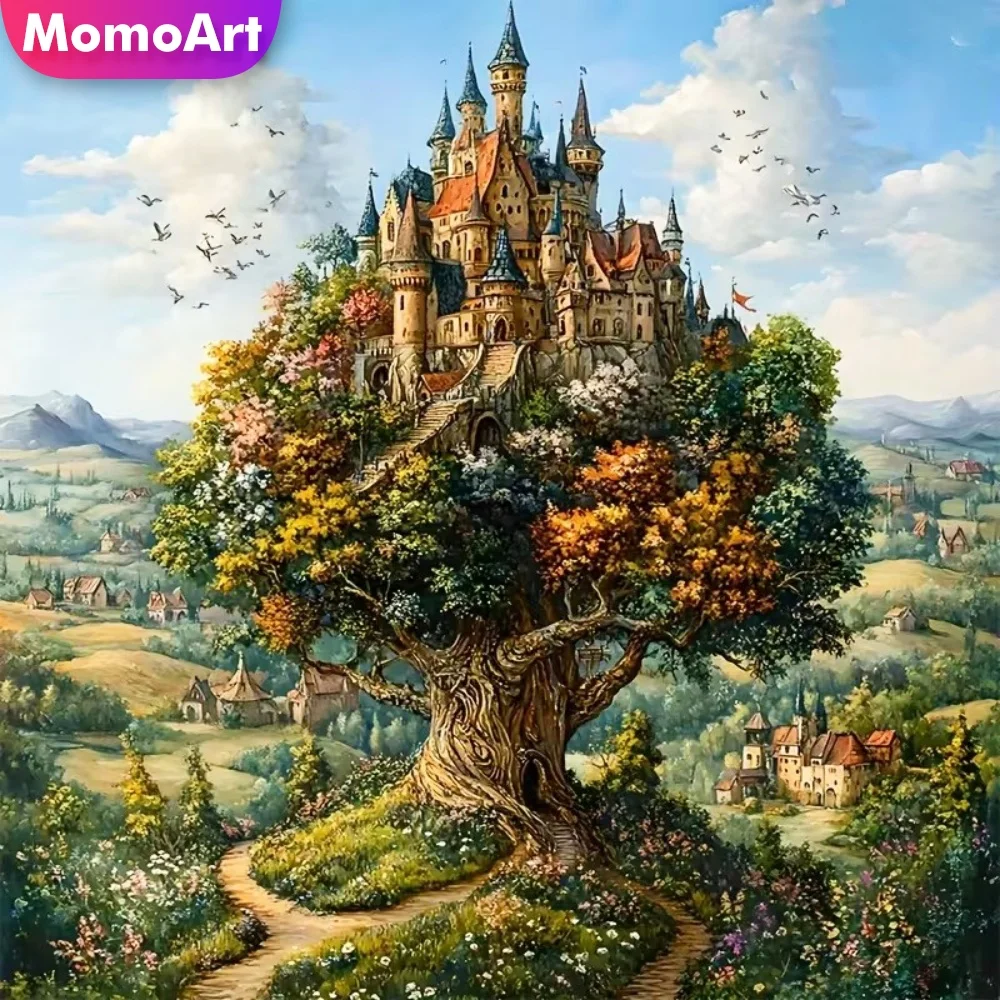 Momoart Neuerscheinung Diamant-Stickerei Baum Abstrakte Landschaft Acryl-Bastelbedarf Malerei Schloss DIY Mosaik Haus Wandkunst