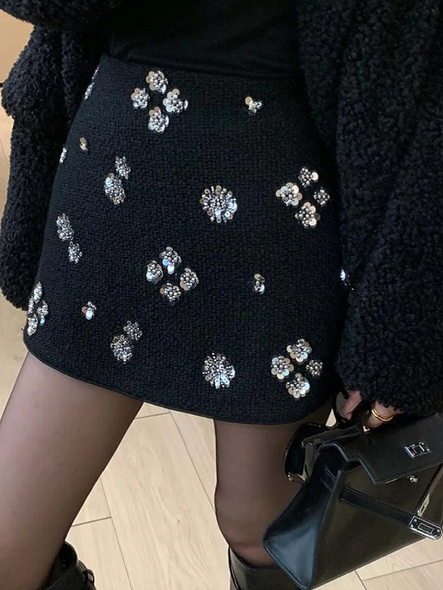 

Casual Glitter Tweed A-Line Skirt Women's Ele High Waist Design Slimming Skirt Ci Commute Daily Wear No Slit