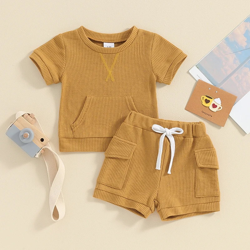 Toddler Baby Boy Summer Shorts Set Short Sleeve Solid Color Pocket T-Shirt Elastic Waist Shorts 2Pcs Waffle Outfit Set