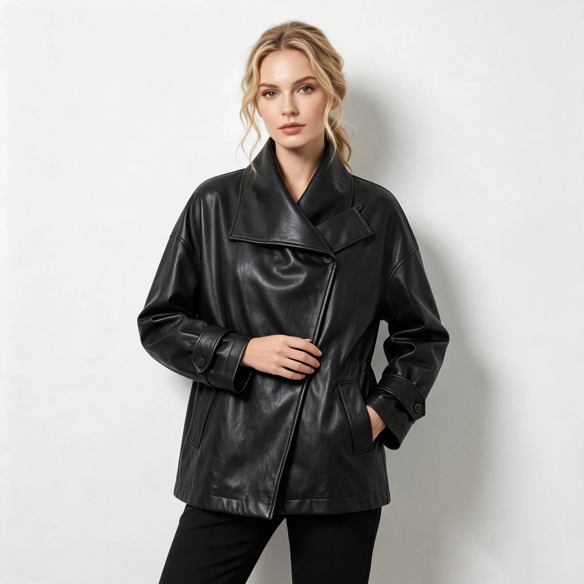 PUAL Women Draped Collar Faux Leather Jacket, Asymmetric Placket Loose PU Coat, Drawstring Waist Casual Outerwear