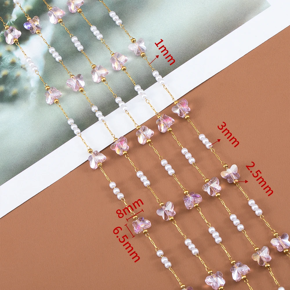 No Fade 1Meter Stainless Steel Crystal Butterfly Pink Flower Beaded Chains for Bracelet Necklace DIY Jewelry Findings Quality