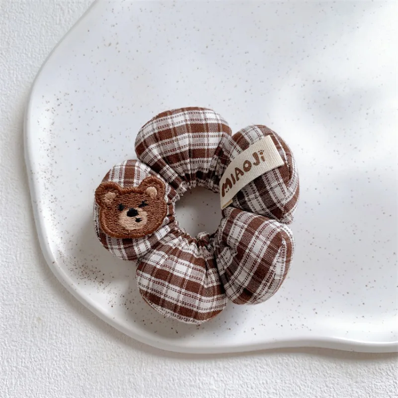 

Korean Brown Stuffed 5 Petal Flower Hair Ties Plaid Polka Dot Design Cute Toddler Girl Ponytail Holders Soft Elastic Daily Wear
