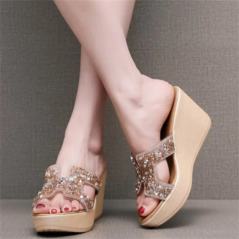 8cm Summer Concise Peep Toe Women Platform Wedges Slippers Ladies Sandals Fashion High Heels Shoes Female Flip Flops Tong Femme