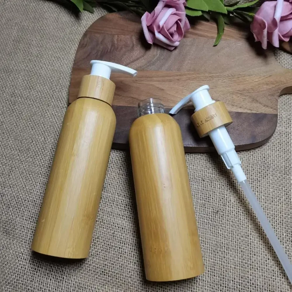 

Custom Logo eco friendlyNatrual Bamboo Covered Bottle Plastic Inner,Black/White Pump Cap Empty Bottle Cute Makeup Container