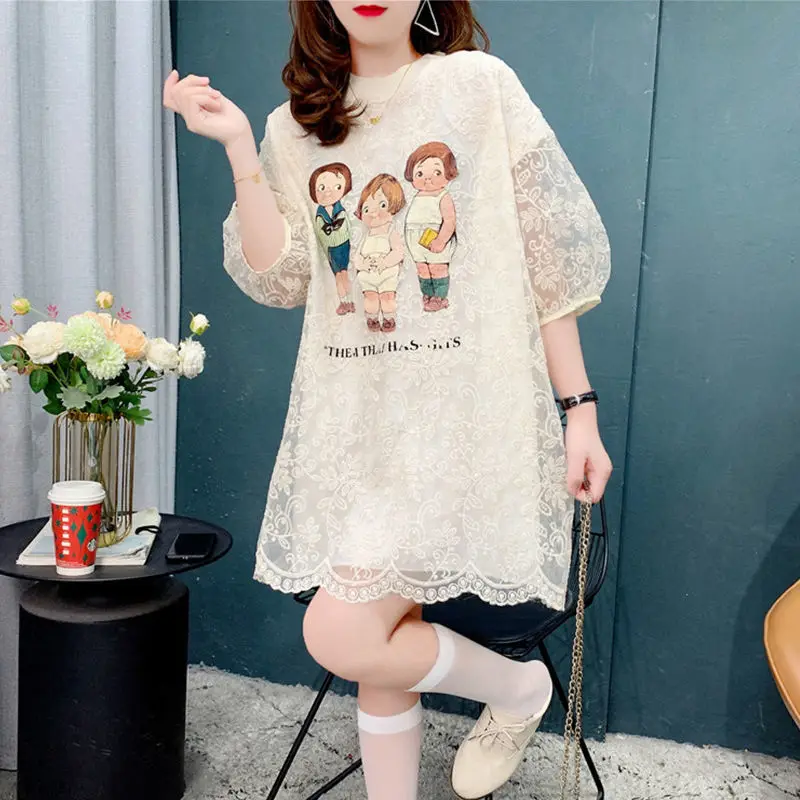 Streetwear Fashion Little Girl Printed Loose Shirt Summer Elegant Lace Hollow Out Women\'s Clothing Spliced O-Neck Midi Blouse