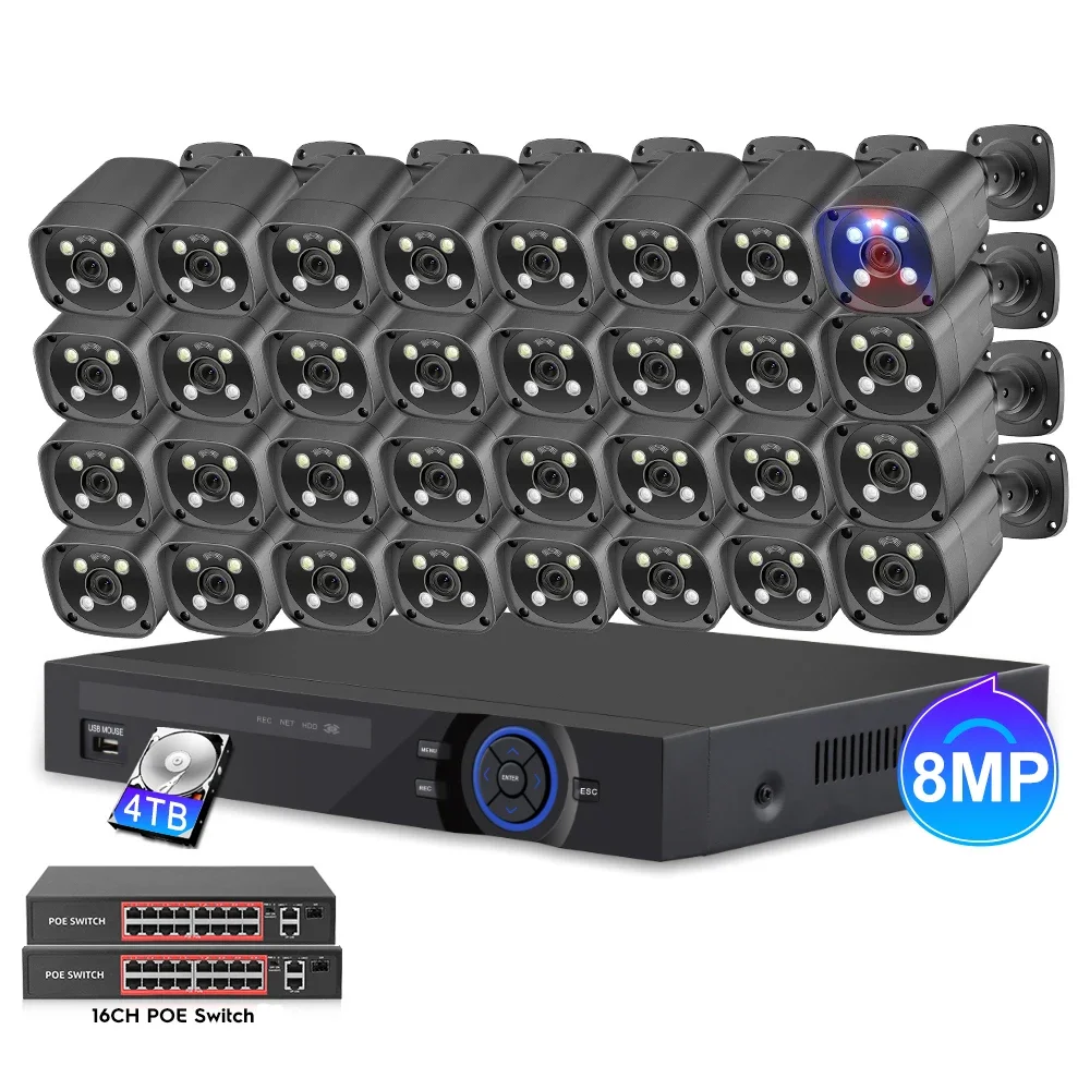 

8Mp 4K Ip Cameras 32Ch Nvr Poe Set Color Night Vision Cctv Surveillance Video Camera System Kit