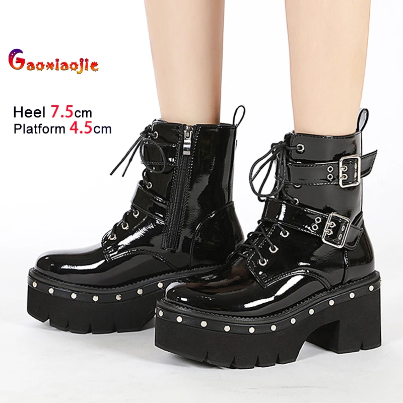 

Удобные ботинки с заклепками на толстой подошве, модные мотоциклетные туфли на массивном каблуке 7,5 см с боковой молнией, черные повседневные короткие ботинки с круглым носком на шнуровке