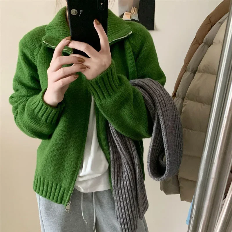 

Female Autumn Winter Thicken Warm Knitted Cardigan Woman Korean Cropped Knitwears Lazy Style Double Zipper Turtleneck Sweater