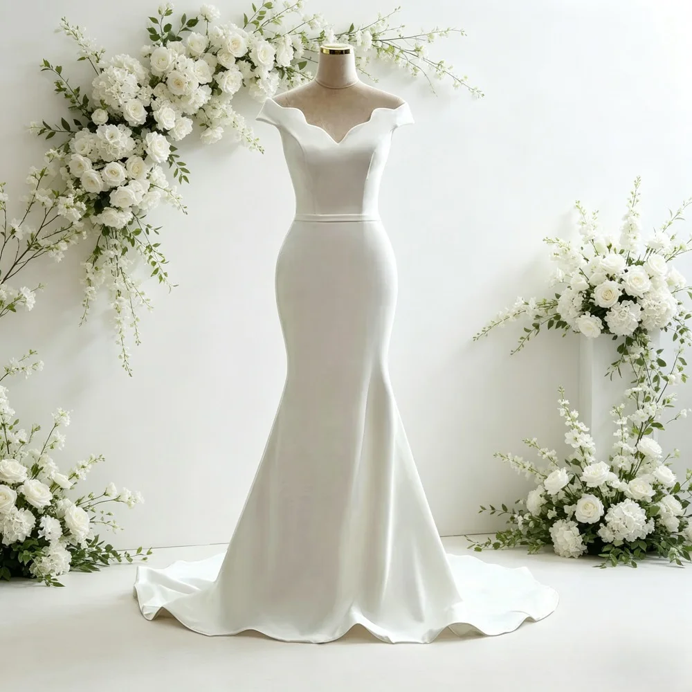 Customized Minimalist Off-Shoulder Sweetheart Mermaid Crepe Wedding Dress with Train Elopement Civil Ceremony Bridal Reception