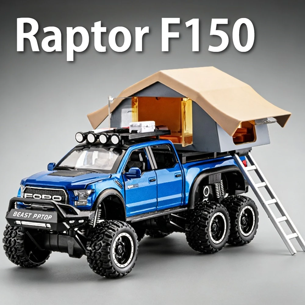 1:24 raptor f150 liga acampamento rv modelo diecast portas de carro aberto som luz puxar para trás veículo em miniatura presente aniversário das crianças