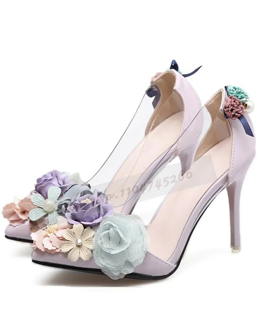 الوردي الأرجواني الأزرق الزهور مزين أحذية الزفاف شفافة واضحة بولي كلوريد الفينيل المرقعة ثلاثية الأبعاد زهر أحذية الحفلات لؤلؤة الأزهار الكعوب