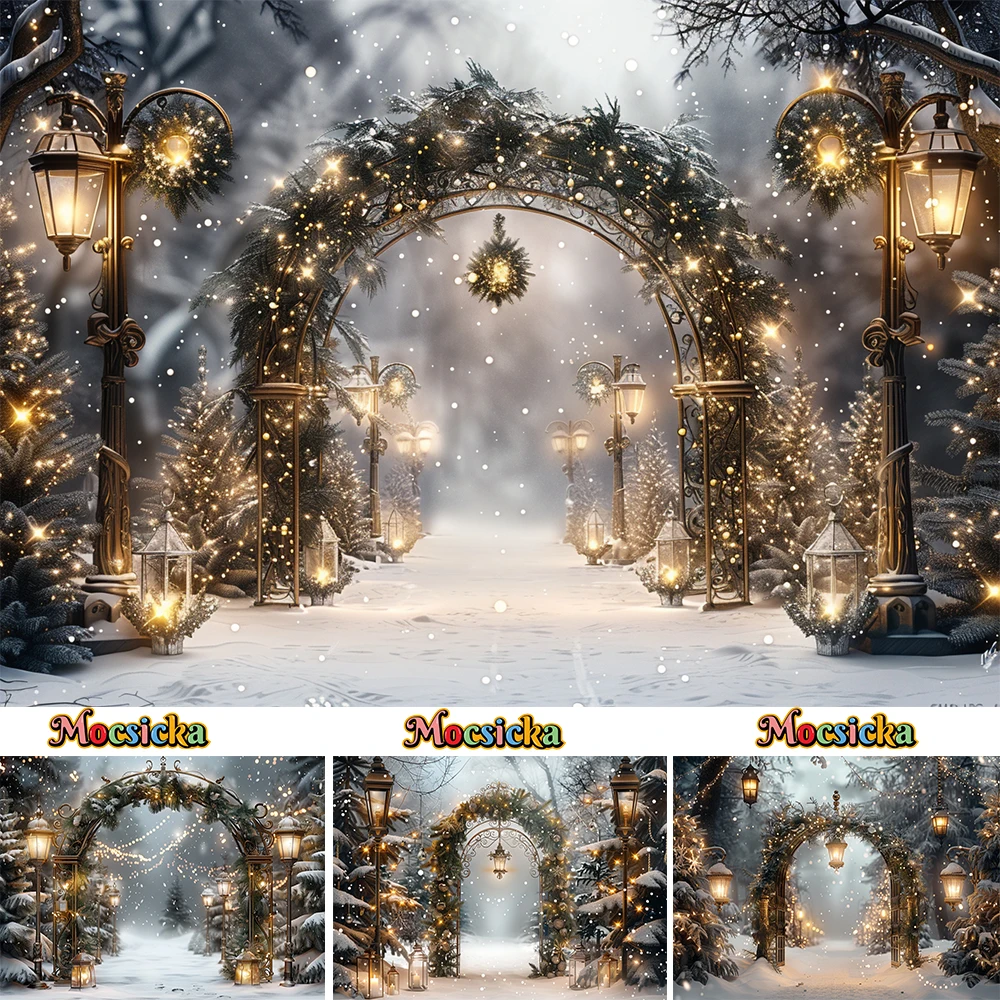 Fondo de Fotografía de Invierno con purpurina, luces de calle, puerta arqueada de Navidad, copos de nieve, telón de fondo para niños, familia, País